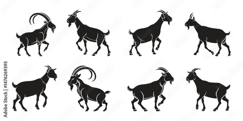 Fototapeta premium Black goat silhouette collection isolated on white background.