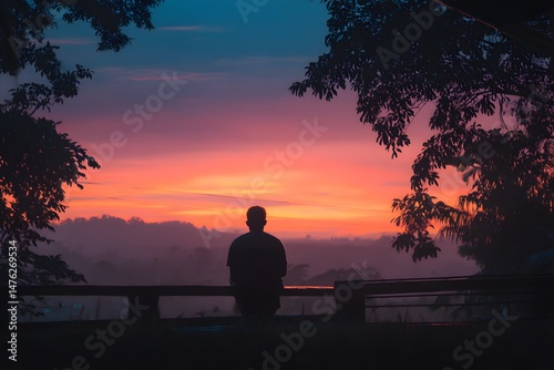 Man Enjoys Peaceful Sunrise After Long Night Amid Nature's Beauty and Tranquil Atmosphere