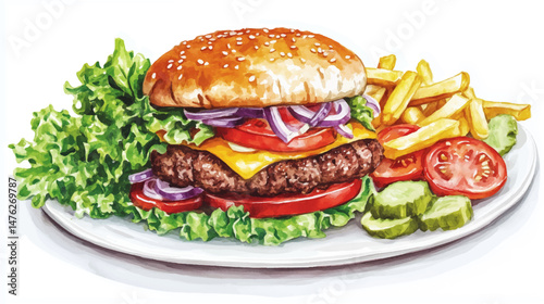 Vector illustration of burger made with fresh vegetable cute watercolors illustration on white background