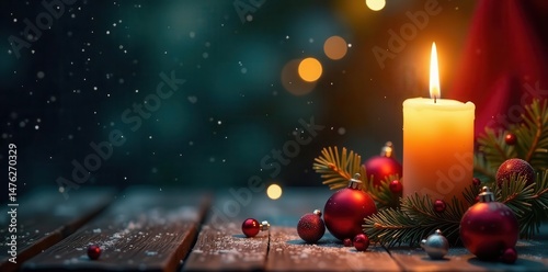 Ornate Christmas card with flickering candle flame, decor, holiday, gold