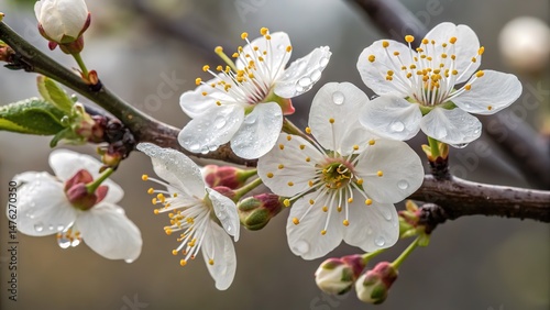 Delicate Cherry Blossoms Adorned with Dewdrops in a Serene Springtime Close Up