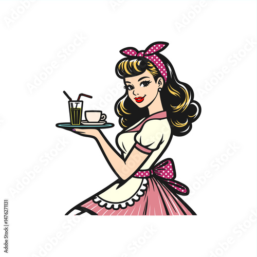 illustration of pinup girl waitress hold tray of drink	
