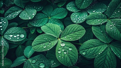 Lush Green Clover Leaves Adorned with Sparkling Water Droplets in a Dense Patch