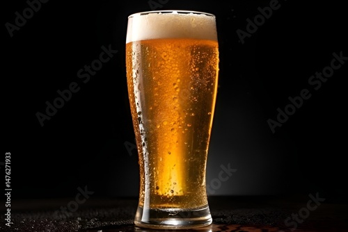 Illuminated Golden Beer Glass with Foam on Black Background