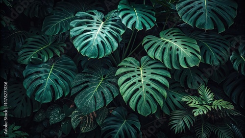 Lush Monstera Deliciosa leaves creating a vibrant tropical rainforest atmosphere