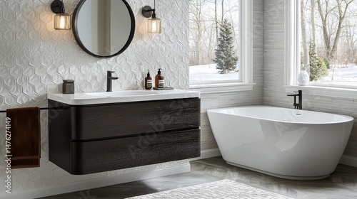 Modern bathroom interior design with dark wood vanity, white bathtub, and hexagonal wall tiles. Natural light from window shows winter scene. Cozy and clean aesthetic.