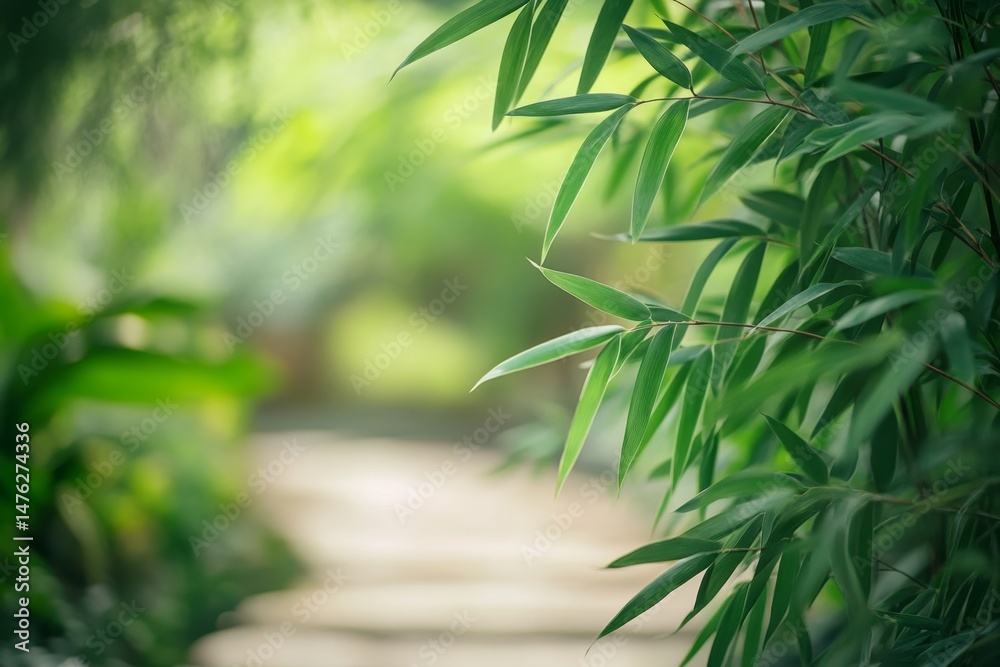 Obraz premium Lush bamboo leaves frame a tranquil path