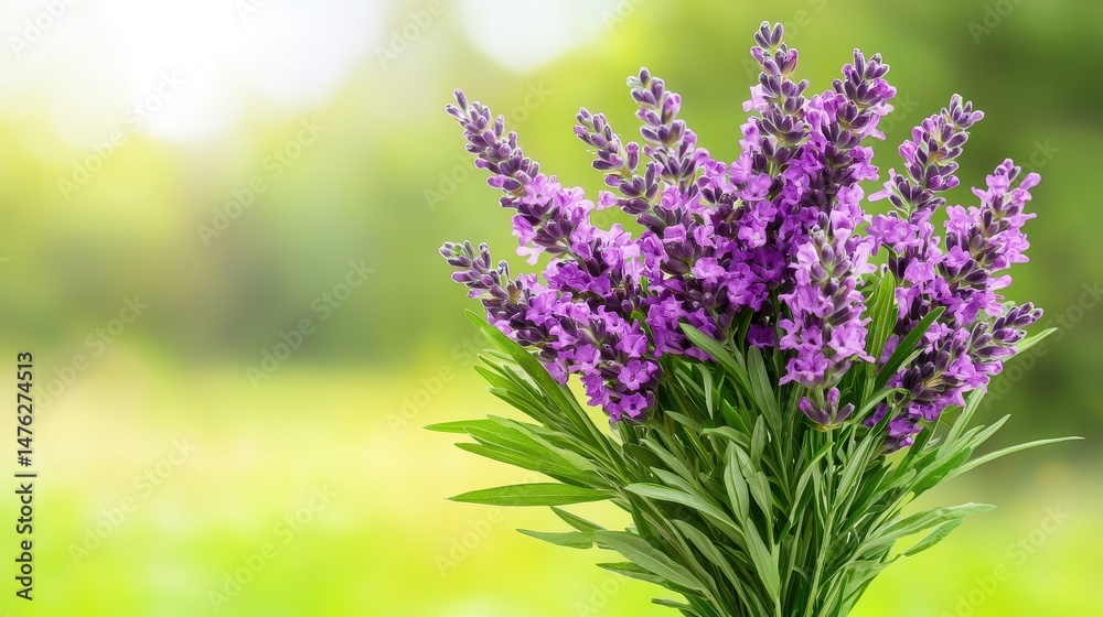 Fototapeta premium Close up view of a bouquet of purple lavender flowers against a blurred green background. The image features vibrant colors and soft lighting, creating a tranquil and serene atmosphere.