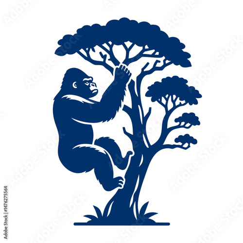 Majestic Gorilla Climbing Tree A Powerful Silhouette in Dark Blue