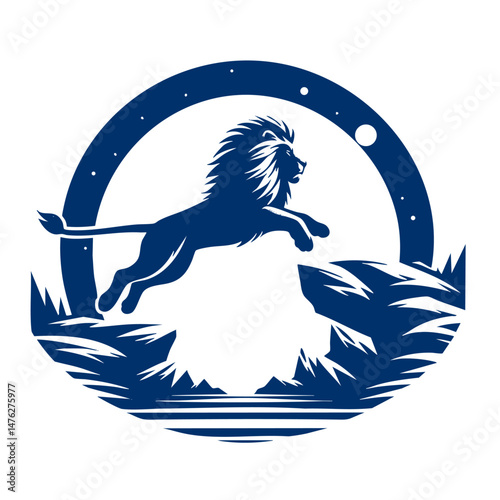 Majestic Lion's Leap A Nighttime Silhouette in Blue