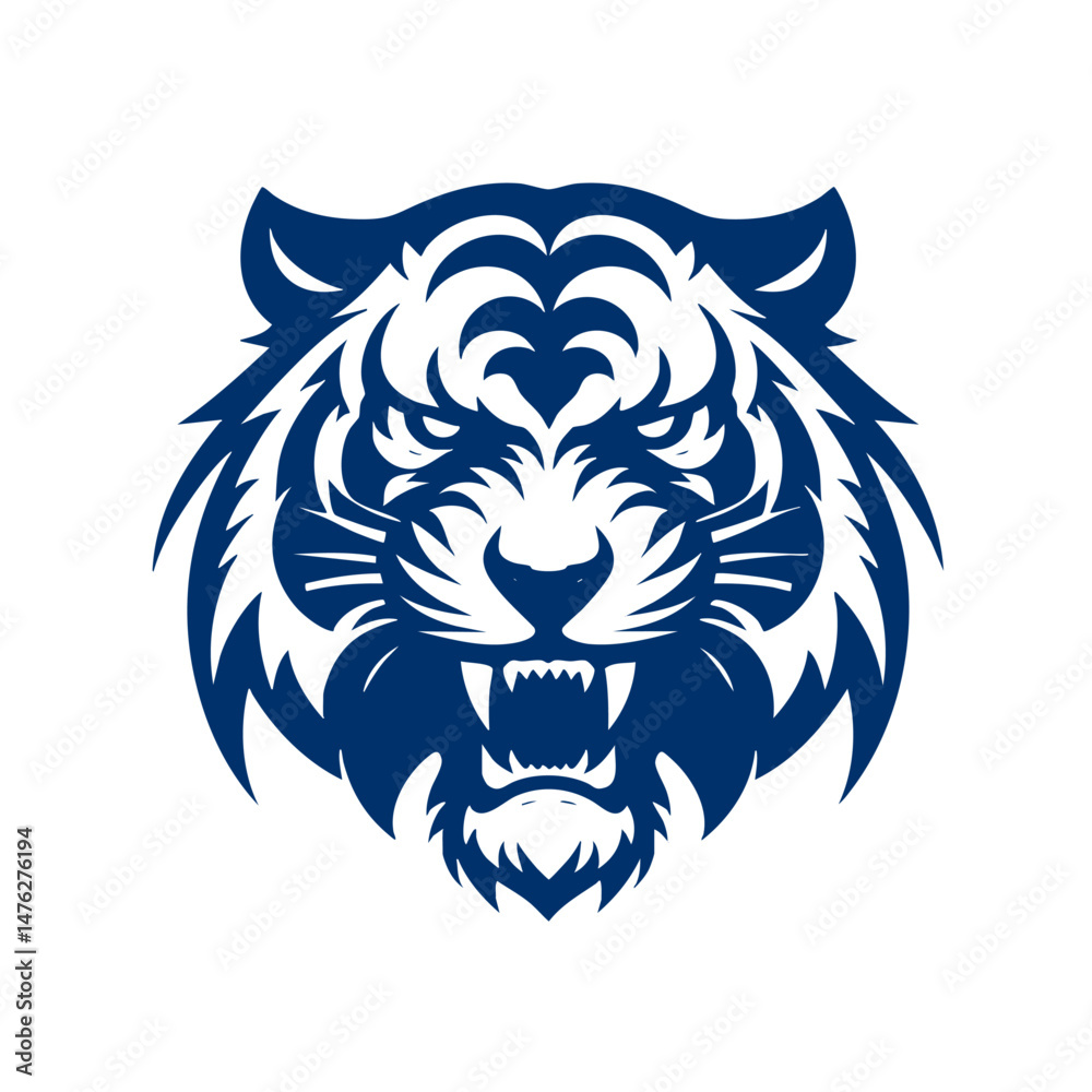 Fototapeta premium Majestic Tiger Head Vector Graphic, Blue and White, Symbolic of Power and Strength