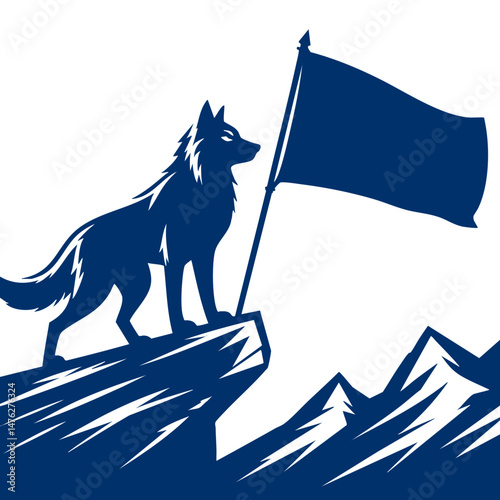Majestic Wolf on a Mountain Peak Raising a Flag A Symbol of Victory and Achievement