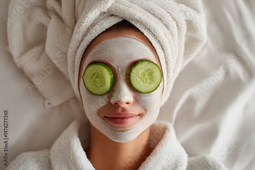 Woman Relaxing with Facial Mask and Cucumber Slices on Eyes for Spa Day at Home or Wellness Retreat