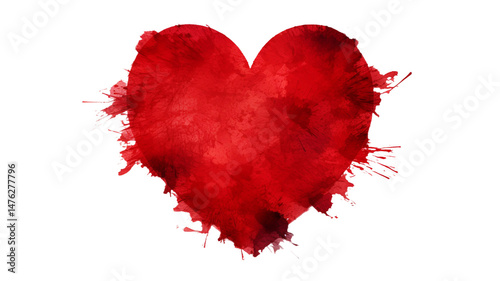 A red colored heart on a white background, painting with paints, a blob on white background.
