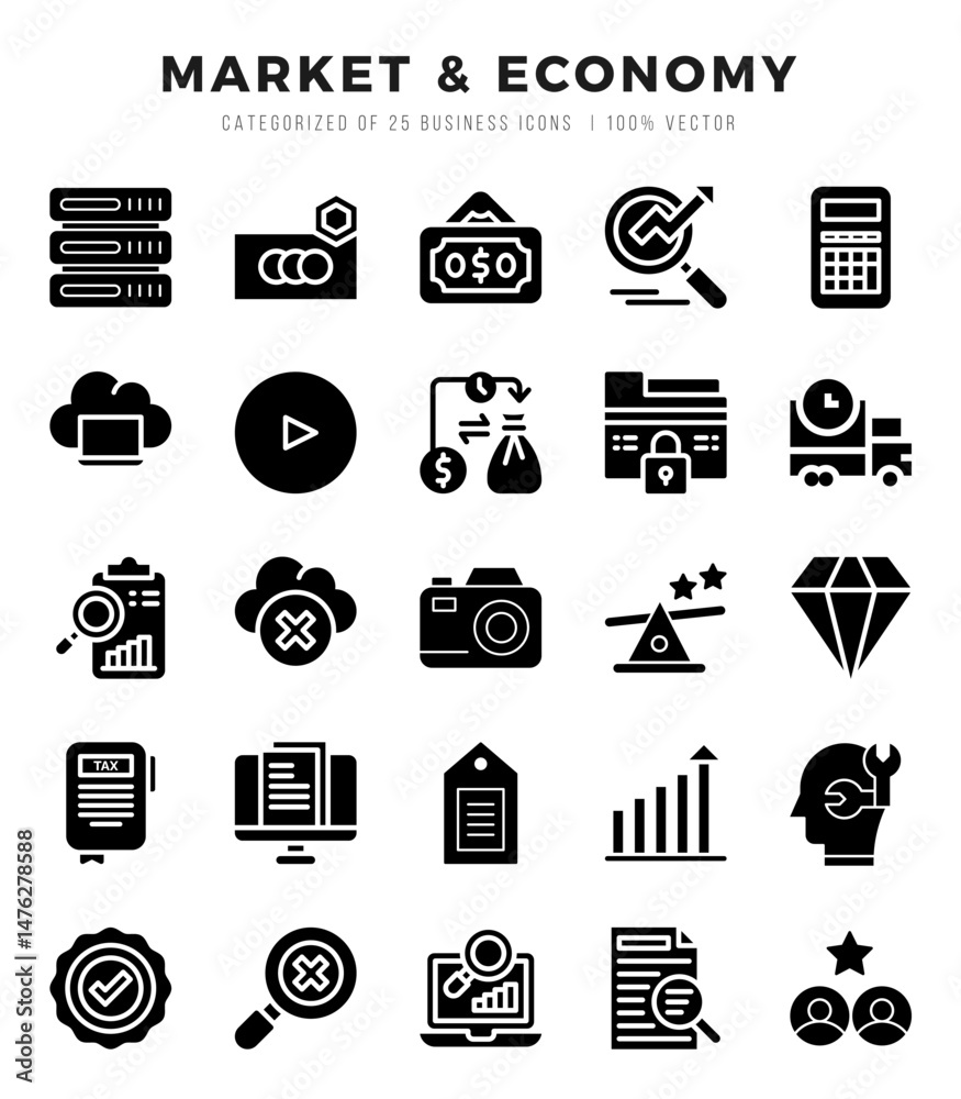 Set of Market & Economy Icons. Simple Glyph art style icons pack. Set of Market & Economy Icons. Simple Glyph art style icons pack.