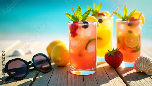 Summer banner with refreshing cocktails, fruits and mint on a wooden surface among beach accessories - sunglasses and shells.
