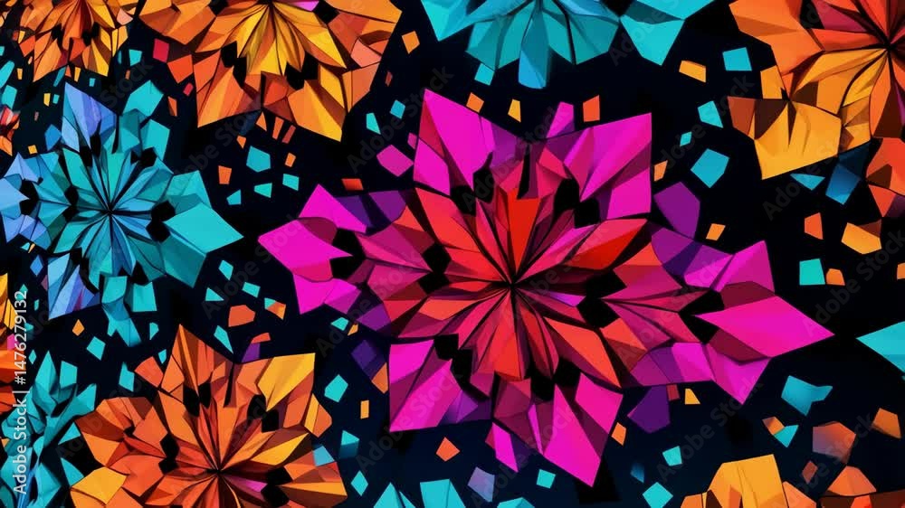 Vibrant polygonal flower shapes create a modern background with geometric patterns and colorful faceted forms against a dark background Vibrant polygonal flower shapes create a modern background with geometric patterns and colorful faceted forms against a dark background