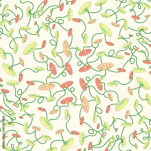 Seamless Floral Daisy Pattern – Hand-drawn Pastel Yellow & Peach with Light Green Stems

