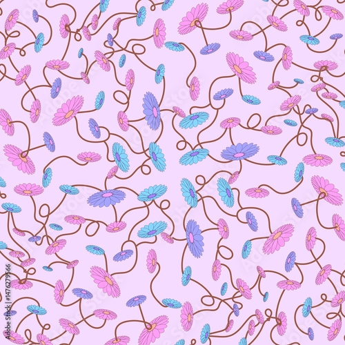 Seamless Pastel Gerbera Pattern – Pink, Blue & Purple Flowers on Lilac Background
