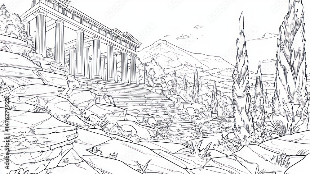 Obraz premium Ancient Greek Temple Landscape Sketch