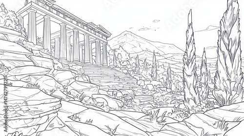 Ancient Greek Temple Landscape Sketch