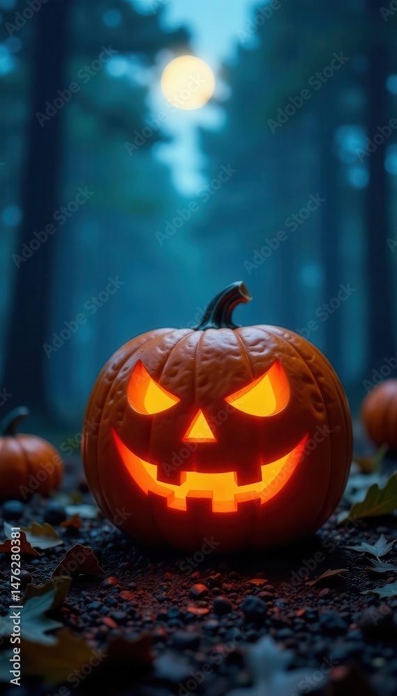 Fototapeta premium Close-up of carved pumpkin, spooky forest backdrop Night scene , autumn, glow, graphic
