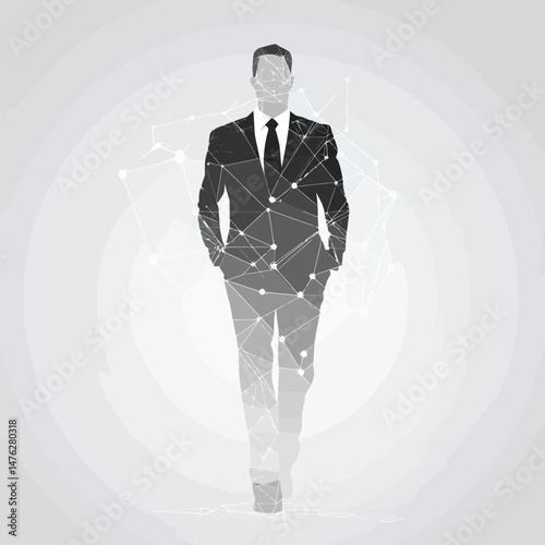 Polygonal businessman silhouette walking forward with connected network lines and dots in abstract geometric style on light background