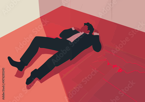Businessman in suit lying on floor with stock market red graph decline reflection symbolizing financial crisis economic downturn and investment loss concept flat vector illustration
