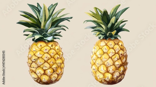 Two Pineapples Standing Side by Side Against a Beige Background Tropical Fruit Still Life Food Illustration