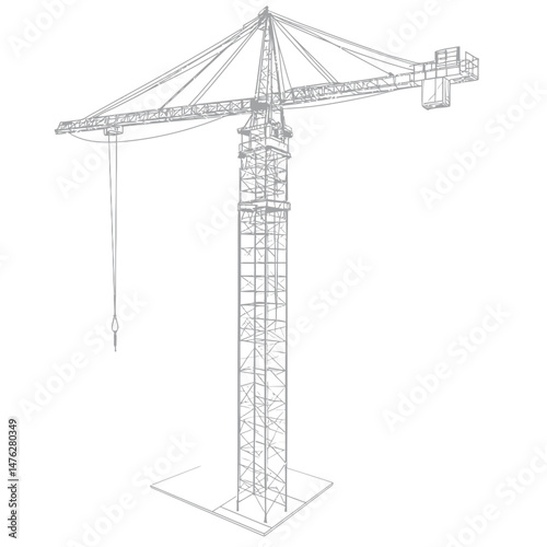 Detailed wireframe tower crane lifting hook construction equipment blueprint isolated on white background 3d line art industrial building site engineering design vector illustration