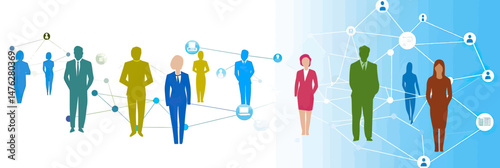 Business people diverse team connected by social network communication lines with icons of users and technology in flat minimalist vector style background