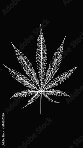 Detailed white outline of marijuana cannabis leaf isolated on black background with minimalist flat vector style emphasizing sharp serrated edges and symmetrical shape
