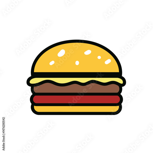 Minimalist flat style hamburger icon with sesame seed bun, beef patty, ketchup, and cheese on white background for food concept design
