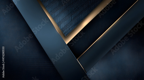Modern abstract dark blue, gold, and black geometric background with metallic accents, ideal for luxury branding, website banners, and premium print materials.