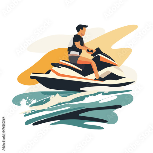 Man riding jet ski on water splashing waves summer outdoor leisure activity flat minimalist vector illustration