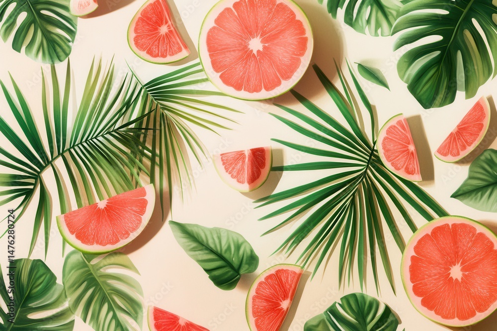 Obraz premium Vibrant composition of pink grapefruit slices and tropical leaves on a light background
