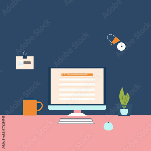 Minimalist workspace with desktop computer displaying text editor, orange cup, green potted plant, wall clock, and note on dark blue wall background in flat vector style