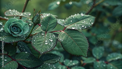 Rose bud and mature flower covered with morning dew in a garden