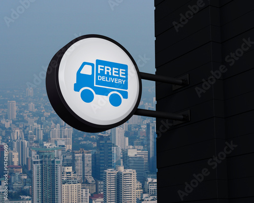 Free delivery truck flat icon on hanging black rounded signboard over modern city tower, office building and skyscraper, Business transportation service concept, 3D rendering