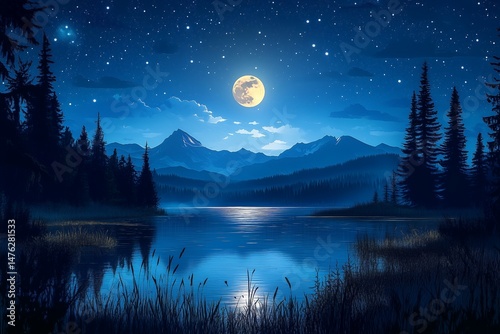 Moonlit Lake with Forest and Mountain View