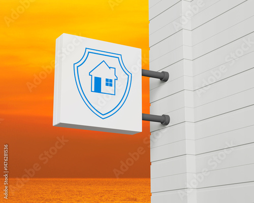 Home with shield icon on hanging white square signboard over sunset sky and sea, Business home insurance and security concept, 3D rendering