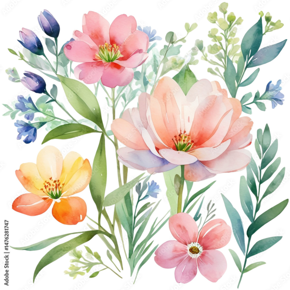Obraz premium Collection of watercolor spring flowers transparent background
