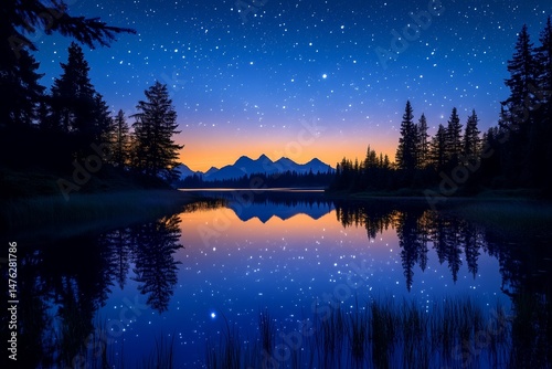 Starry Night Over a Calm Lake with Mountain Reflection