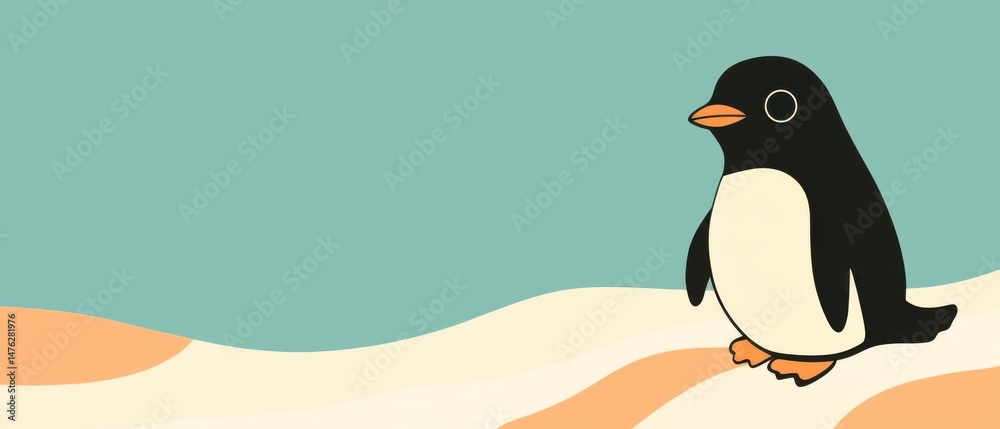 Fototapeta premium Cute Penguin Standing on Beach with Blue Sky Background Cartoon Illustration Graphic Art Style