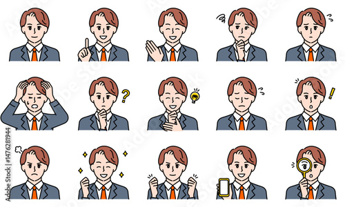 表情とポーズで感情を表すビジネススーツを着用した男性のイラストセット