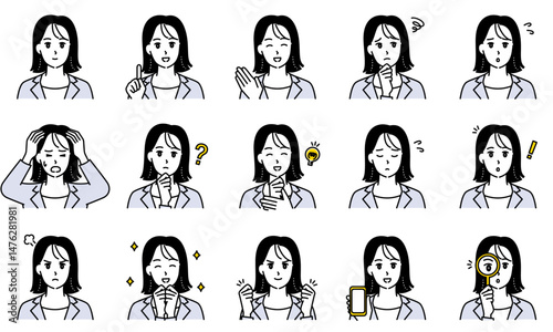 表情とポーズで感情を表すビジネススーツを着用した女性のイラストセット