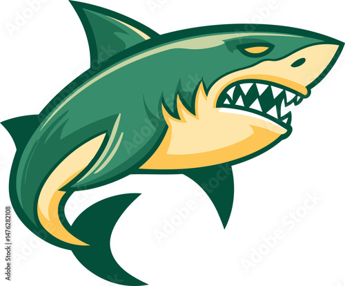 Green shark character with sharp teeth and aggressive expression cartoon isolated on transparent background. Vector illustration.