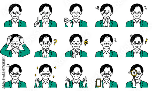 表情とポーズで感情を表すビジネスカジュアルな男性のイラストセット