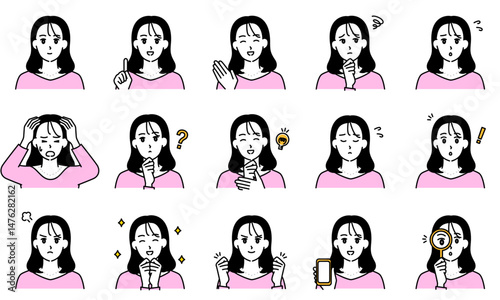 表情とポーズで感情を表すビジネスカジュアルな女性のイラストセット
