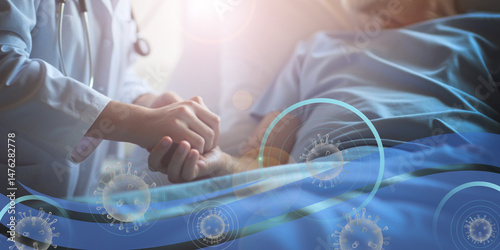 Background of medical science. Healthcare concept with the support of doctors who comfort patients by holding their hands with care. Healthcare, hospital, support, understanding, trust, recovery photo